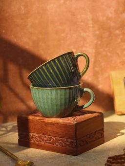 WEAVING HOMES - Cozy Soup Cup - Blue & Metallic Green (280Ml) Microwave & Dishwasher Safe (Pack of 2)