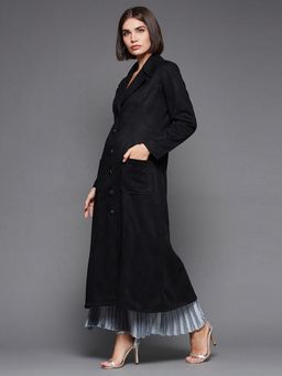 Miss Chase - Womens Black Solid V-Neck Full Sleeves Patched Pocketed Polyester Longline Jacket