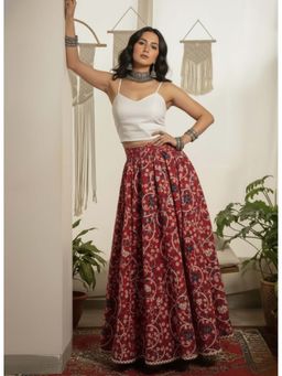 WineRed - Women Floral Print Cotton Maxi Skirt