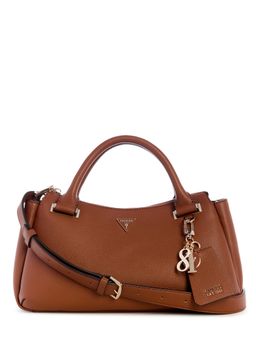 Guess - Brown Textured Zipper Satchel Bag with Detachable Strap