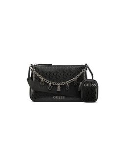 Guess - Black Printed Zipper Shoulder Bag With Pouch & Detachable Strap