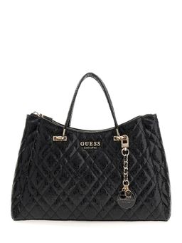 Guess - Black Textured Zipper Tote Bag with Detachable Strap