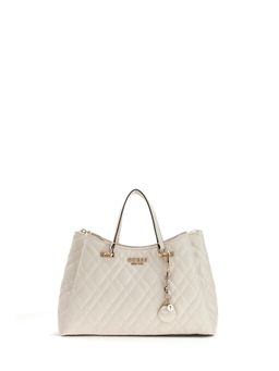 Guess - White Textured Zipper Hand Bag with Detachable Strap