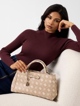 Guess - Beige Printed Zipper Satchel Bag with Detachable Strap