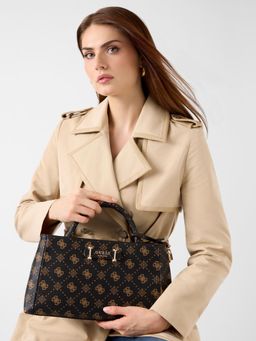 Guess - Black Printed Zipper Satchel Bag with Detachable Strap