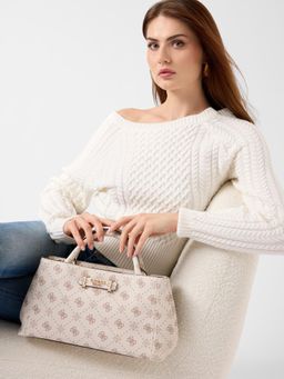 Guess - Off White Printed Zipper Satchel Bag with Detachable Strap