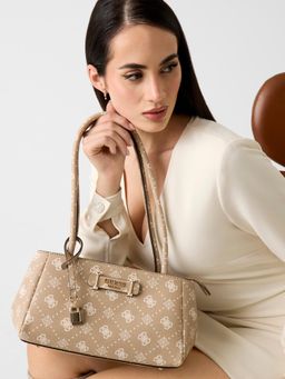 Guess - Beige Printed Zipper Shoulder Bag