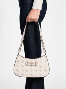 Guess - Off White Printed Zipper Shoulder Bag