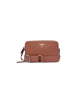 Guess - Brown Solid Zipper Crossbody Bag