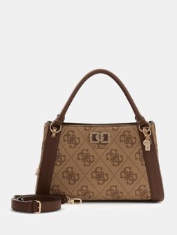 Guess - Brown Printed Magnet Satchel Bag with Detachable Strap