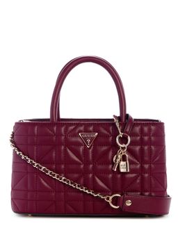 Guess - Burgundy Quilted Zipper Satchel Bag with Detachable Strap