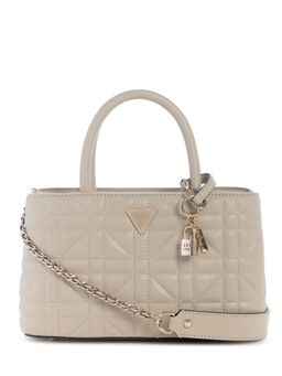 Guess - Beige Textured Zipper Satchel Bag with Detachable Strap
