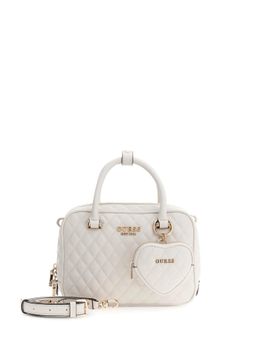Guess - Off White Quilted Zipper Satchel Bag with Detachable Strap & Pouch