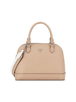 Guess - Beige Textured Zipper Satchel Bag with Detachable Strap