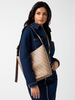 Guess - Brown Printed Bucket Shoulder Bag with Pouch