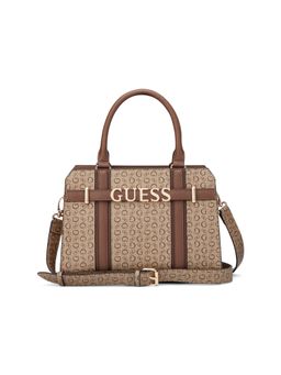 Guess - Beige Printed Zipper Satchel Bag with Detachable Strap