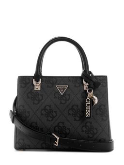 Guess - Black Printed Zipper Satchel Bag with Detachable Strap