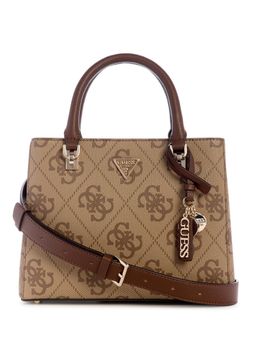 Guess - Brown Printed Zipper Satchel Bag with Detachable Strap