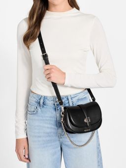 Guess - Black Solid Magnetic Snap Crossbody Bag