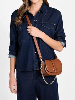 Guess - Brown Solid Magnetic Snap Crossbody Bag