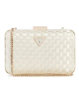 Guess - White Textured Push Lock Twiller Minaudiere Clutch with Detachable Strap