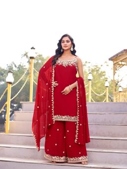 BC Balaji Creation - Red Georgette Embroidered Kurta with Sharara and Dupatta