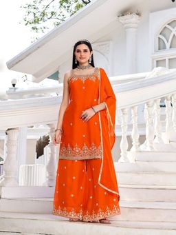 BC Balaji Creation - Orange Rangoli Blooming Embroidered Kurta with Sharara and Dupatta
