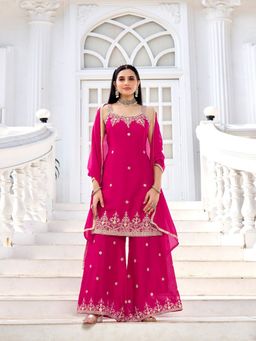 BC Balaji Creation - Hot Pink Rangoli Blooming Embroidered Kurta with Sharara and Dupatta