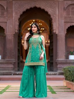 BC Balaji Creation - Pista Green Chinon Embroidered Kurta with Sharara and Dupatta