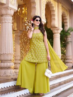 BC Balaji Creation - Lemon Yellow Georgette Handwork Kurti with Sharara and Dupatta