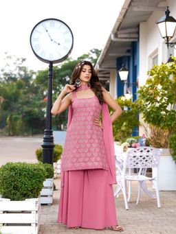 BC Balaji Creation - Peach Georgette Handwork Kurti with Sharara and Dupatta