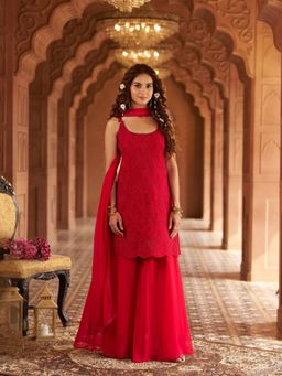 BC Balaji Creation - Hot Pink Georgette Handwork Kurta with Sharara and Dupatta