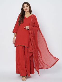 Bcz Style - Women Red Plain Kurti with Sharara and Dupatta