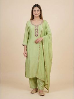 Bcz Style - Women Silk Green Mirror Work Kurta with Pant and Dupatta