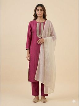 Bcz Style - Women Silk Wine Embroidered Kurta with Pant and Dupatta