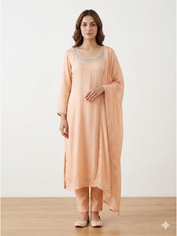 Bcz Style - Women Silk Peach Embroidered Kurta with Pant and Dupatta