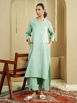 Indisangam - Women Sage Green Embroidered Flex Kurta and Pant