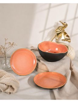 Freedom Tree - Solaire Handcrafted Orange Ceramic Serving Bowl & Side Plates