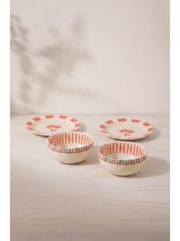 Freedom Tree - Handpainted Coral Red Ceramic Tapas Plate & Bowls (Pack of 2)
