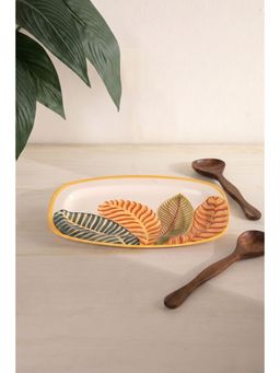 Freedom Tree - Handpainted Leaf Green Ceramic Platter & Sheesham Wood Server
