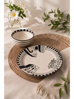 Freedom Tree - Mombaye City Handpainted Black Ceramic Dinner Plate & Katori