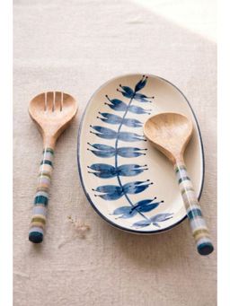 Freedom Tree - Handpainted Blue Ceramic Kebab Platter & Wooden Pasta Server