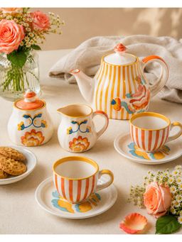 Freedom Tree - Gypsy Rose Handpainted Ceramic Sugar Pot, Tea Pot, Cups, Saucers & Milk Pot Tea Set