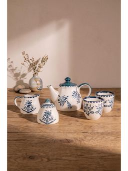 Freedom Tree - Handpainted Teal Ceramic Milk Pot, Sugar Pot, Tea Pot & 2 Kulhar