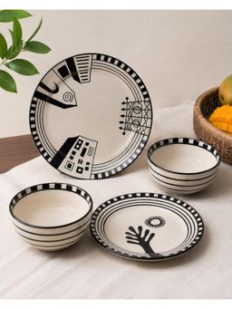 Freedom Tree - Handpainted Black Ceramic Plate, Side Plate & Katori Dinner Set