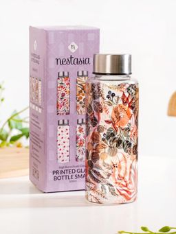 Nestasia - Stainless Steel Lid Tropical Hibiscus Borosilicate Glass Water Bottle - 500ml