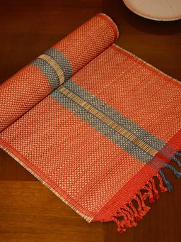 DHARINI - Rust Grey Madurkathi Striped Tassels Table Runner (L)