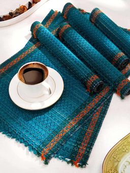 DHARINI - Teal Madurkathi Tassels Placemats (Set of 6)