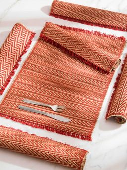 DHARINI - Rust Madurkathi Chevron Tassels Placemats (Pack of 6)