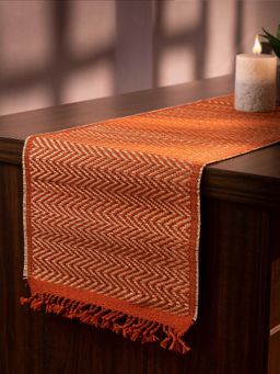 DHARINI - Rust Madurkathi Chevron Tassels Table Runner